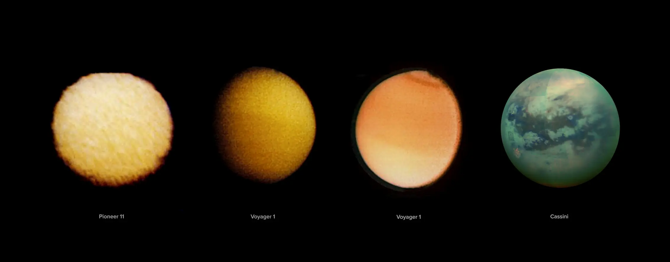 Images of Titan from Pioneer 11, Voyager 1, and Cassini
